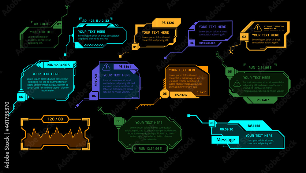 Aufkleber hud game elements. luminescent futuristic interface elements design, callout boxes and technology la