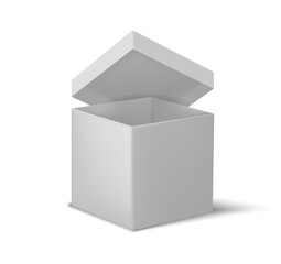 White open box. Realistic cardboard cube, 3D empty container with lid and shadow overlay effect. Geometric square form with sharp edges. Blank mockup of present or surprise packaging, vector template