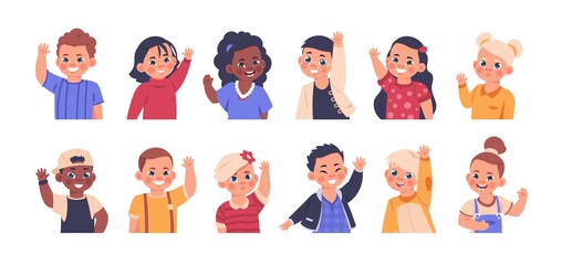 Children waving. Cartoon elementary school kids smiling and showing goodbye or welcome gesture. Little cute child portraits vector happy boys and girls in flat style characters isolated collection