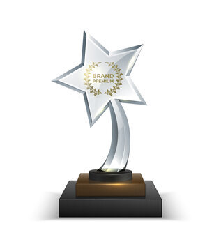 Trophies. Realistic Crystal Glass Award With Text. 3D Star Shaped Prize With Golden Text And Olive Wreath On Square Stand. Isolated Shiny Reward To The Winner For Quality Of Product, Vector Mockup