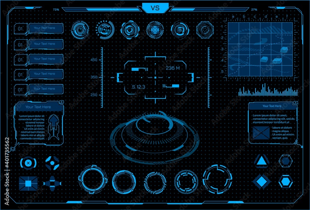 Aufkleber HUD interface. Cyberpunk virtual car and VR game interface with futuristic digital screen elements. Abstract visualization blue shining menu navigation panels vector virtual reality dashboard template