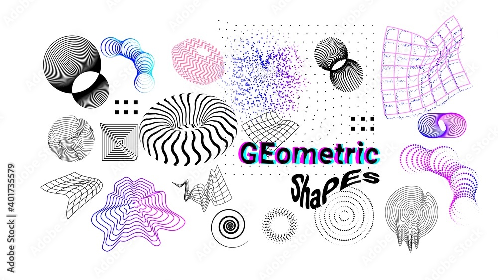 Poster Digital shapes. Abstract graphic elements, outline geometric forms. Modern dynamic figures and surfaces. Isolated decorative black and lilac flowing down textures. Vector futuristic flat illustration