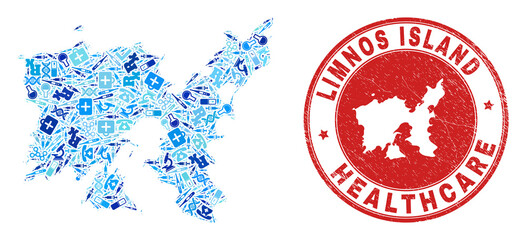 Vector collage Limnos Island map of injection icons, laboratory symbols, and grunge healthcare rubber imitation. Red round stamp with grunge rubber texture and Limnos Island map text and map.