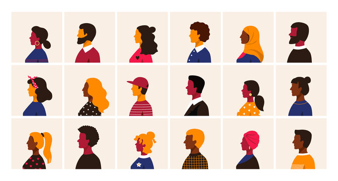 People profile. Cartoon multiethnic man and women character user avatars, trendy minimal person side view collection. Male and female old and young age portraits vector different race simple style set