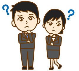 疑問を抱くリクルートスーツ姿の男女の全身イラスト