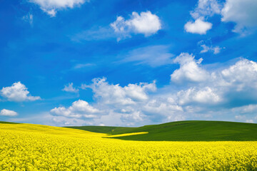 agriculture, colorful meadows with oilseed rape and wheat, flowering canola, bright yellow color.