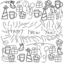 hand drawn set of decorative new year doodle vector illustration