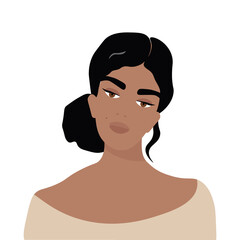 Smiling beautiful girl with 
tanned skin. Nice vector flat illustration on a white background for the design of materials about cosmetics, skin, personal care. Portrait of latina girl with long hair.