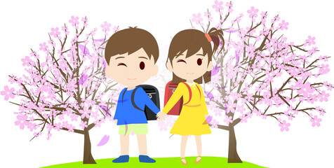 桜の花びらと木とランドセルの小学1年生の入学のイラスト