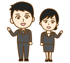 片手を上げて案内誘導するリクルートスーツ姿の男女の全身イラスト