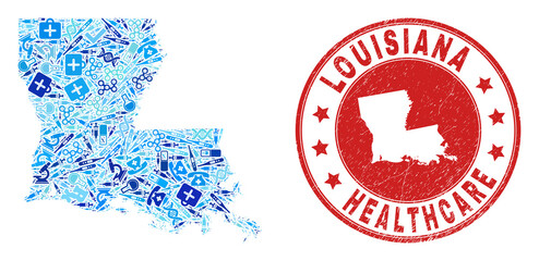 Vector collage Louisiana State map with inoculation icons, first aid symbols, and grunge health care rubber imitation.