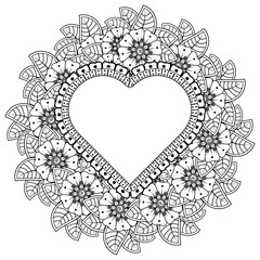 Circular pattern in form of mandala with frame in shape of heart. Decorative ornament in ethnic oriental mehndi style.
