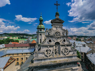 Aerial view on Bernardine church in Lviv from drone