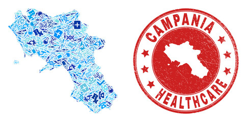 Vector mosaic Campania region map with vaccination icons, receipt symbols, and grunge doctor seal stamp. Red round seal with corroded rubber texture and Campania region map tag and map.