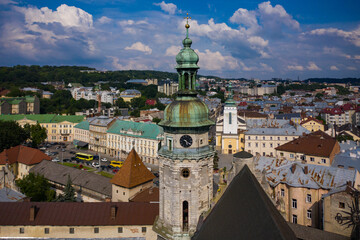 Obraz premium Aerial view on Bernardine church in Lviv from drone
