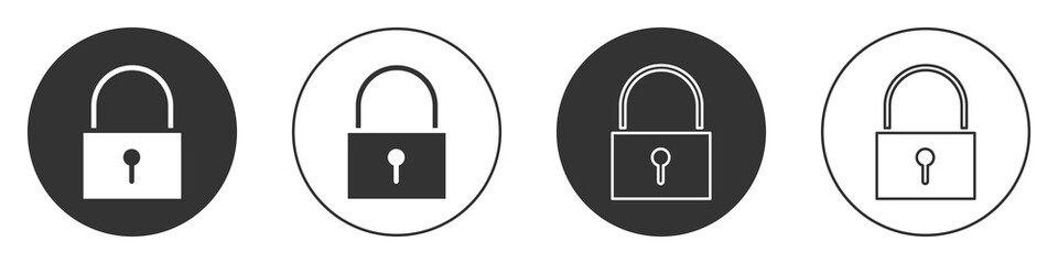 Black Lock icon isolated on white background. Padlock sign. Security, safety, protection, privacy concept. Circle button. Vector Illustration.