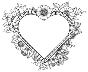 Circular pattern in form of mandala with frame in shape of heart. Decorative ornament in ethnic oriental mehndi style.