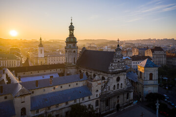 Fototapeta premium Aerial view on Bernardine church in Lviv from drone