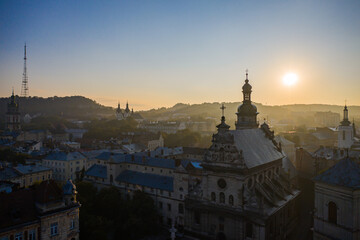 Aerial view on Bernardine church in Lviv from drone