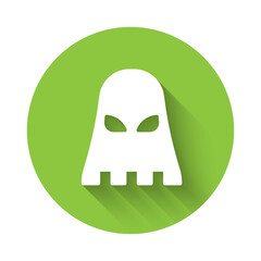 White Executioner mask icon isolated with long shadow. Hangman, torturer, executor, tormentor, butcher, headsman icon. Green circle button. Vector.