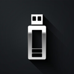 Silver USB flash drive icon isolated on black background. Long shadow style. Vector.