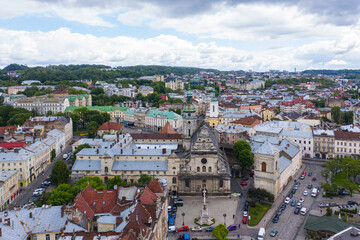 Fototapeta premium Aerial view on Bernardine church in Lviv from drone
