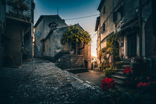 Fototapeta mountain village croatia moscenicka draga. Rovinj. Beautiful old streets and buildings in Istria on the Mediterranean coast. these old little villages and towns have retained their old charm