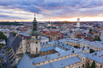 Obraz premium Aerial view on Bernardine church in Lviv from drone