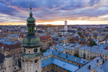 Aerial view on Bernardine church in Lviv from drone