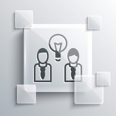Grey People with lamp bulb icon isolated on grey background. Concept of idea. Square glass panels. Vector.