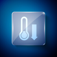 White Meteorology thermometer measuring icon isolated on blue background. Thermometer equipment showing hot or cold weather. Square glass panels. Vector.