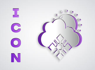 Paper cut Cloud with snow and sun icon isolated on grey background. Cloud with snowflakes. Single weather icon. Snowing sign. Paper art style. Vector.