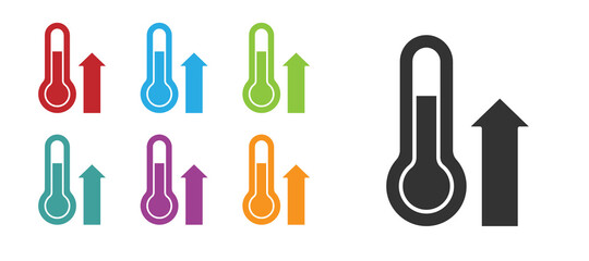Black Meteorology thermometer measuring icon isolated on white background. Thermometer equipment showing hot or cold weather. Set icons colorful. Vector.
