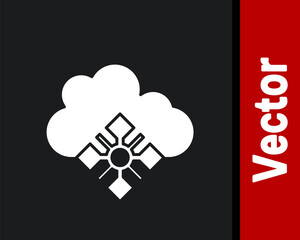 White Cloud with snow icon isolated on black background. Cloud with snowflakes. Single weather icon. Snowing sign. Vector.