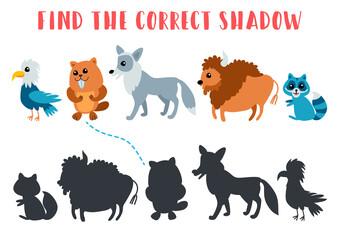 Find the correct shadow. Educational matching game for children. Kids learning game. Preschool worksheet activity. Cartoon animals eagle, beaver, coyote, bison, raccoon