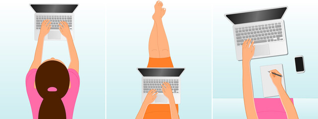 Vector set of Top view of Women lying on floor while working on laptop and taking notes. Women working and connecting online together on laptop computer, remote working, work from home concept.