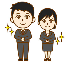 リクルートスーツ姿で立っている男女ペアの全身