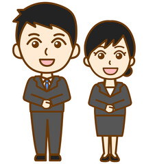 リクルートスーツ姿をした笑顔の男女ペアの全身