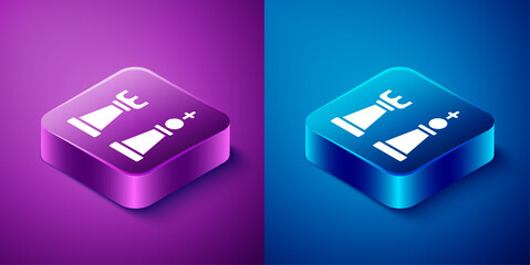 Isometric Chess icon isolated on blue and purple background. Business strategy. Game, management, finance. Square button. Vector.