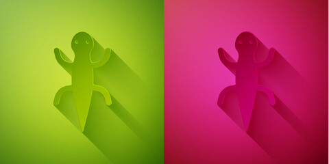Paper cut Lizard icon isolated on green and pink background. Paper art style. Vector.