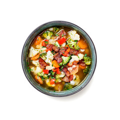 Soup with broccoli and cauliflower isolated on white background	