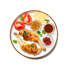 Grilled chicken legs with spices isolated on white background	