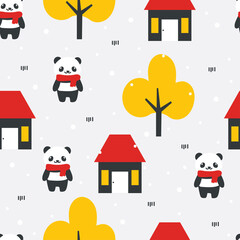 Seamless pattern with cute cartoon panda, house, tree for fabric print, textile, gift wrapping paper. colorful vector for kids, flat style