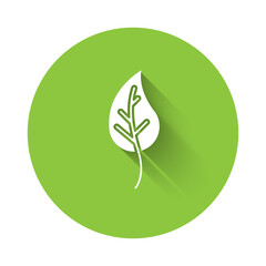 White Leaf icon isolated with long shadow. Leaves sign. Fresh natural product symbol. Green circle button. Vector.