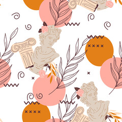 Seamless endless pattern with antique sculpture head of Apollo and ancient column among plants and abstract geometric, flat vector illustration on white background. Wrapping of textile print.