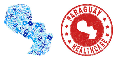 Vector mosaic Paraguay map with inoculation icons, analysis symbols, and grunge health care seal stamp. Red round seal with scratched rubber texture and Paraguay map word and map.