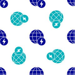 Blue Global energy power planet with flash thunderbolt icon isolated seamless pattern on white background. Ecology concept and environmental. Vector.