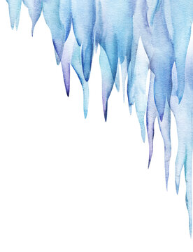 Watercolor upper right corner template. Hanging massive block of icicles. Sharp blue stalactites on white background. Hand drawn winter illustration with place for text © Olga