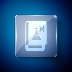 White Genetic engineering book icon isolated on blue background. DNA symbol. Square glass panels. Vector.