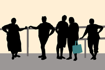 5 Women. Black vector silhouettes of overweight adult women in summer clothes outdoors while relaxing on a walk. A lady in a dress with a bag in her hand, standing near the railing in full growth.